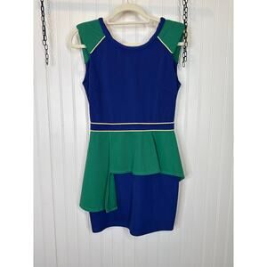 Gracia Blue & Green Colorblocked Mini Peplum Dress Career Office Workwear Size S